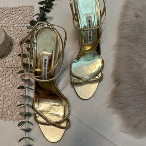 Lightly worn gold strap Manolo Blahnik shoes 10 1/2. (40.5)